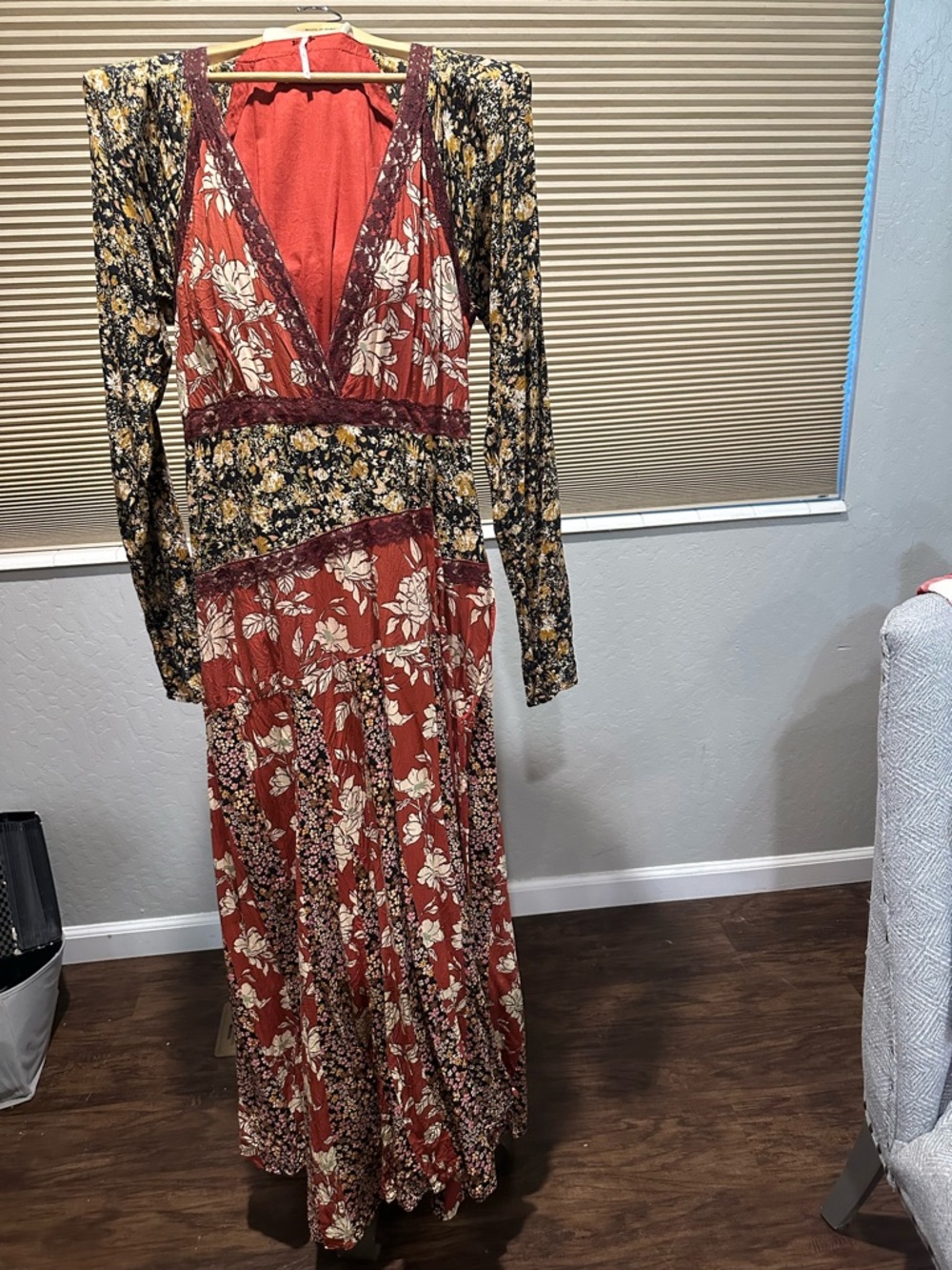 Free People Rust and Black Floral V-Neck Maxi Dress